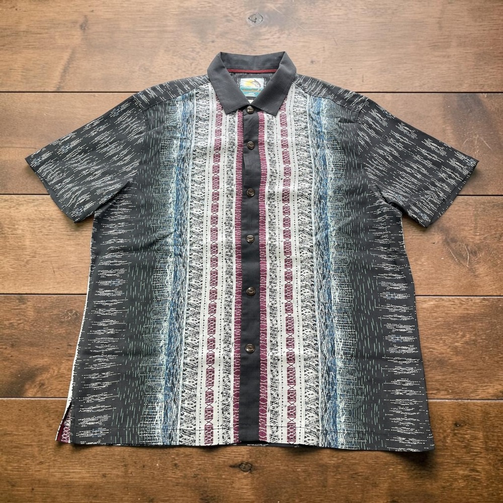Tommy Bahama Mens (L) 100% Silk Hawaiian Shirt Island Modern Fit Grey Geometric